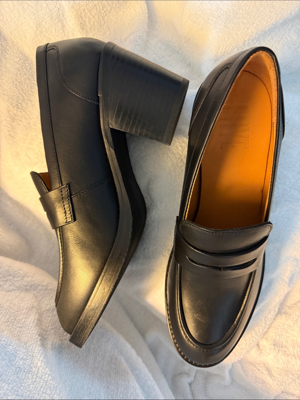 Frye Black Leather Women's Heeled Penny Loafers